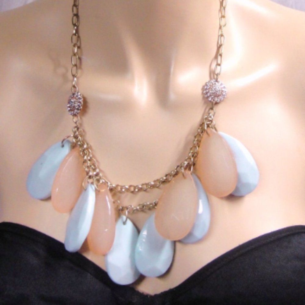 Vintage Gold Tone Powder Blue Pale Pink Bobble Necklace